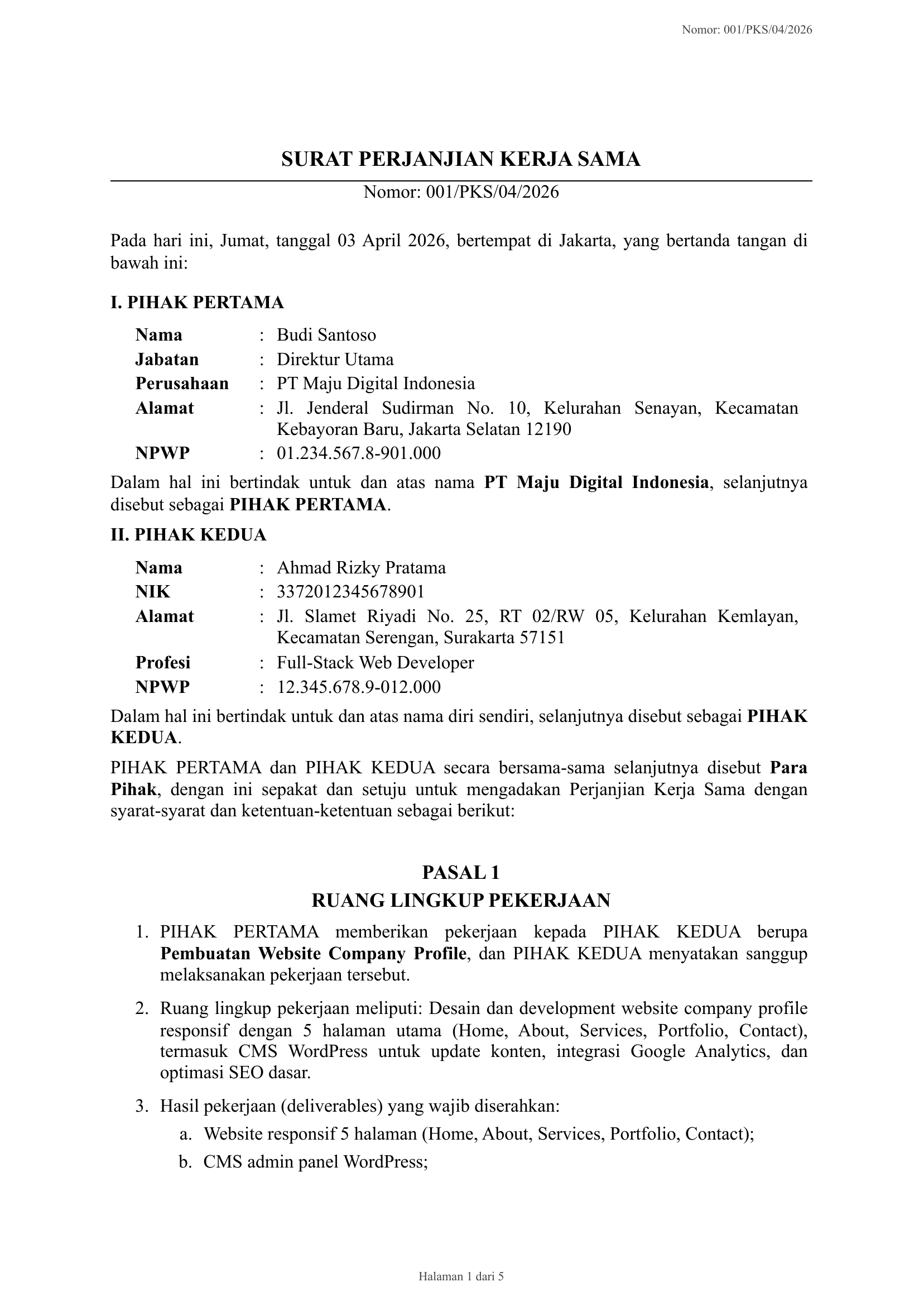 Contoh Perjanjian Kerja Sama